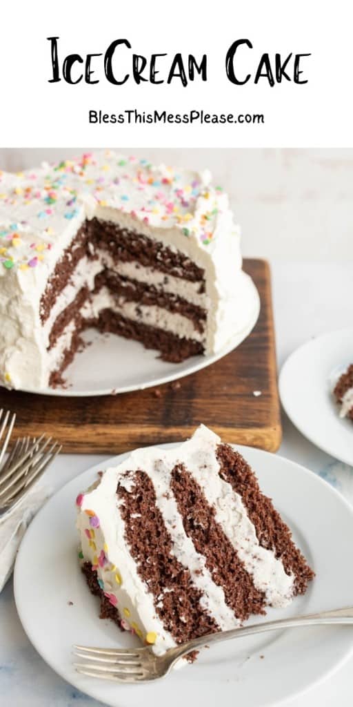 pin that reads "ice cream cake" with a photo of a chocolate ice cream cake with white frosting and vanilla ice cream