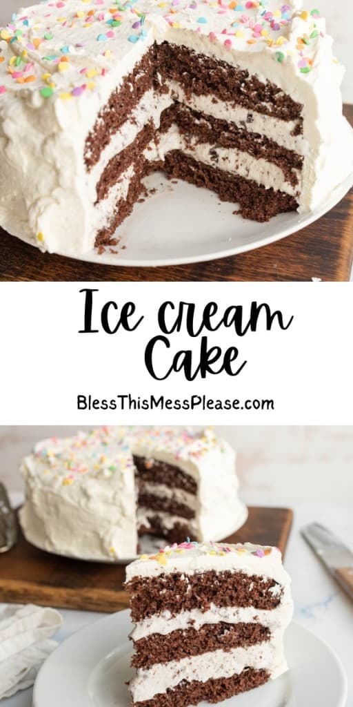 pin that reads "ice cream cake" with a photo of a chocolate ice cream cake with white frosting and vanilla ice cream
