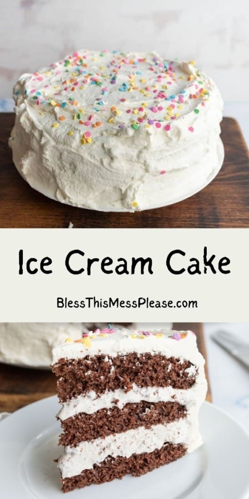 pin that reads "ice cream cake" with a photo of a chocolate ice cream cake with white frosting and vanilla ice cream