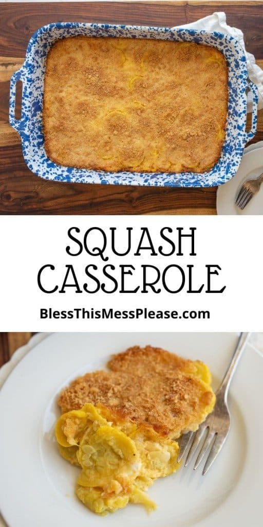 pin that reads "squash casserole" with photos of a blue speckled baking dish and slices of yellow summer squash in a cheesy casserole