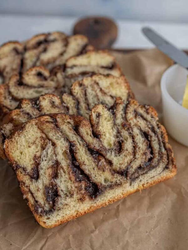 close up of the folded layers in the chocolate bread slices