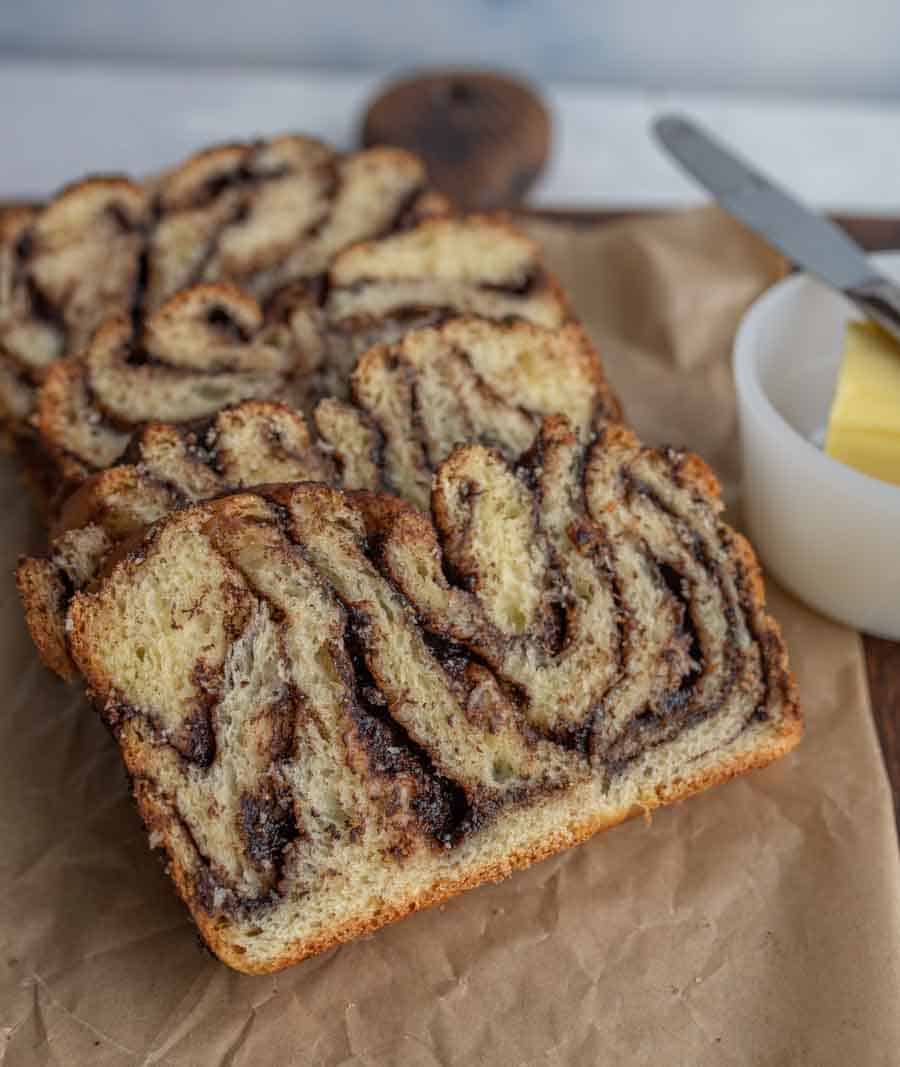 close up of the folded layers in the chocolate bread slices