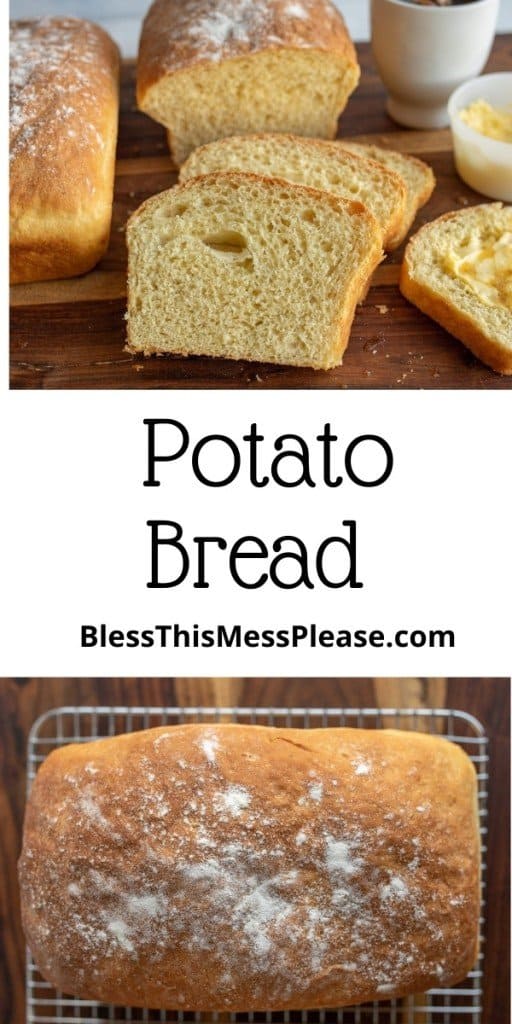 pin that reads "potato bread" with fluffy potato bread loafs and slices next to butter and honey for spreading