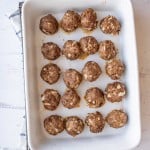 top view of a baking dish with cooked turkey meatballs