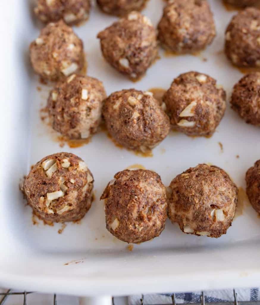 baking dish with cooked turkey meatballs