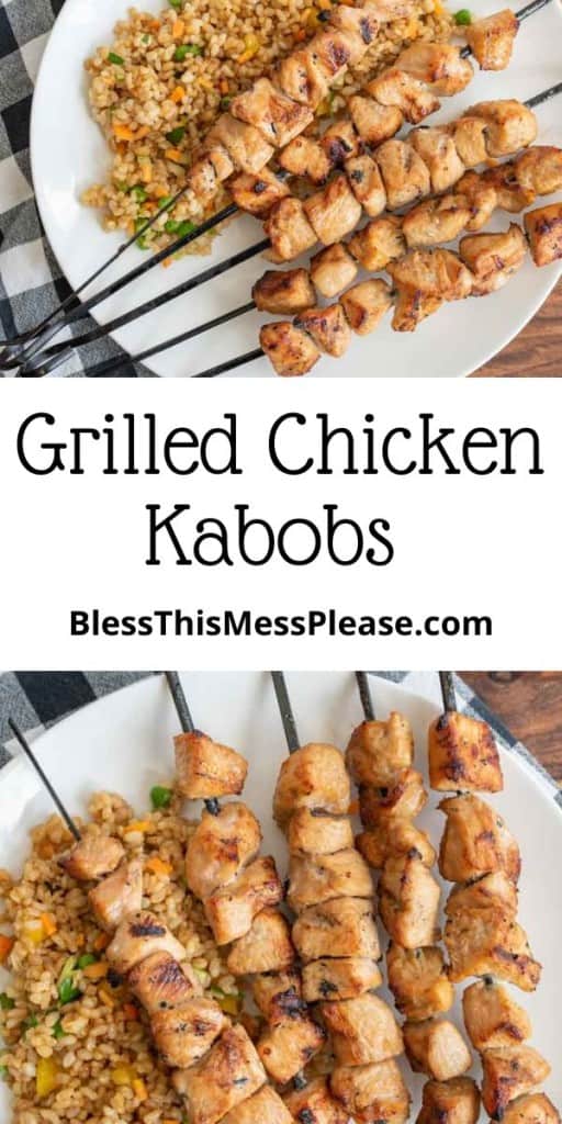 pin that reads "grilled chicken kabob" with images of the kabobs on a white dinner plate