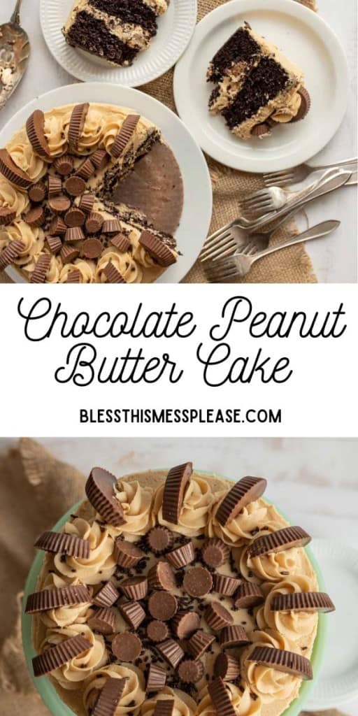 pin for chocolate peanut butter cake with two images of the layered cake with tan peanut butter frosting and peanut butter cups on the top
