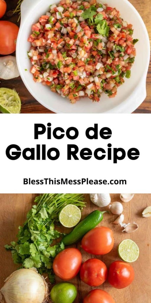 pin that reads "pico de gallo recipe" with image of the pico in a white bowl with corn chips around it