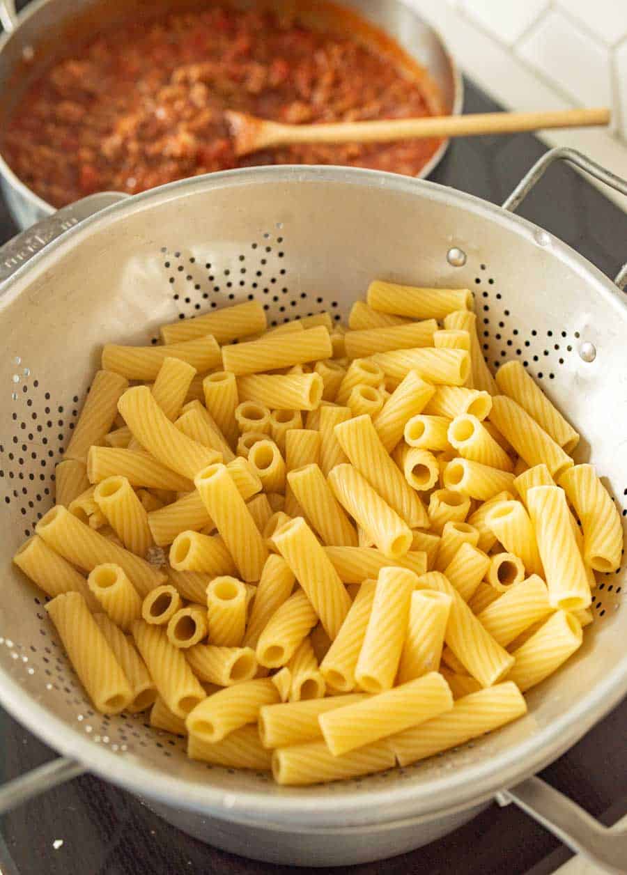 rigatoni pasta in a strainer