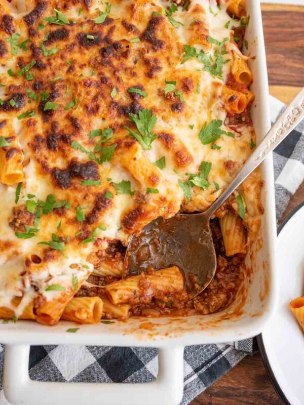 baking dish with cheese and rigatoni pasta