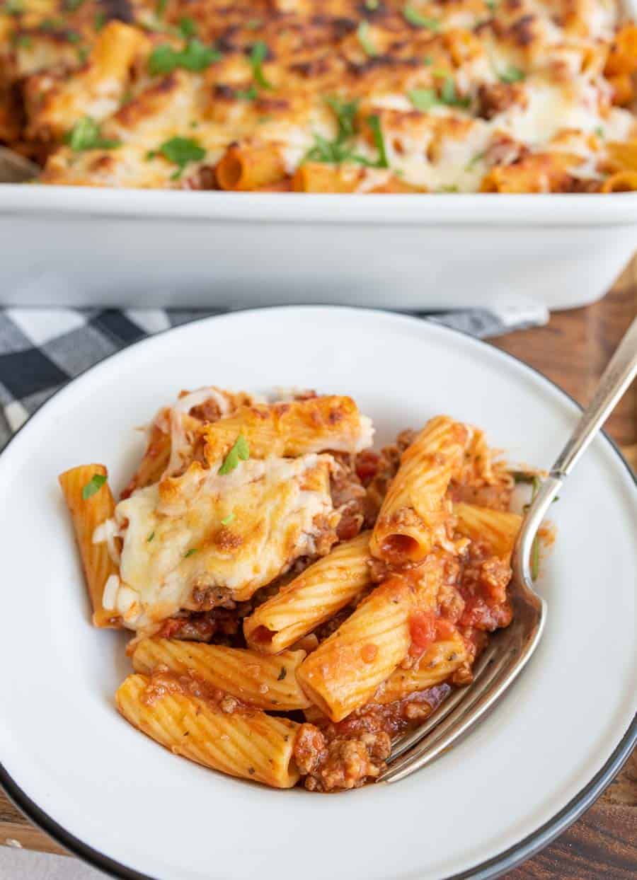 rigatoni pasta in a casserole style bake