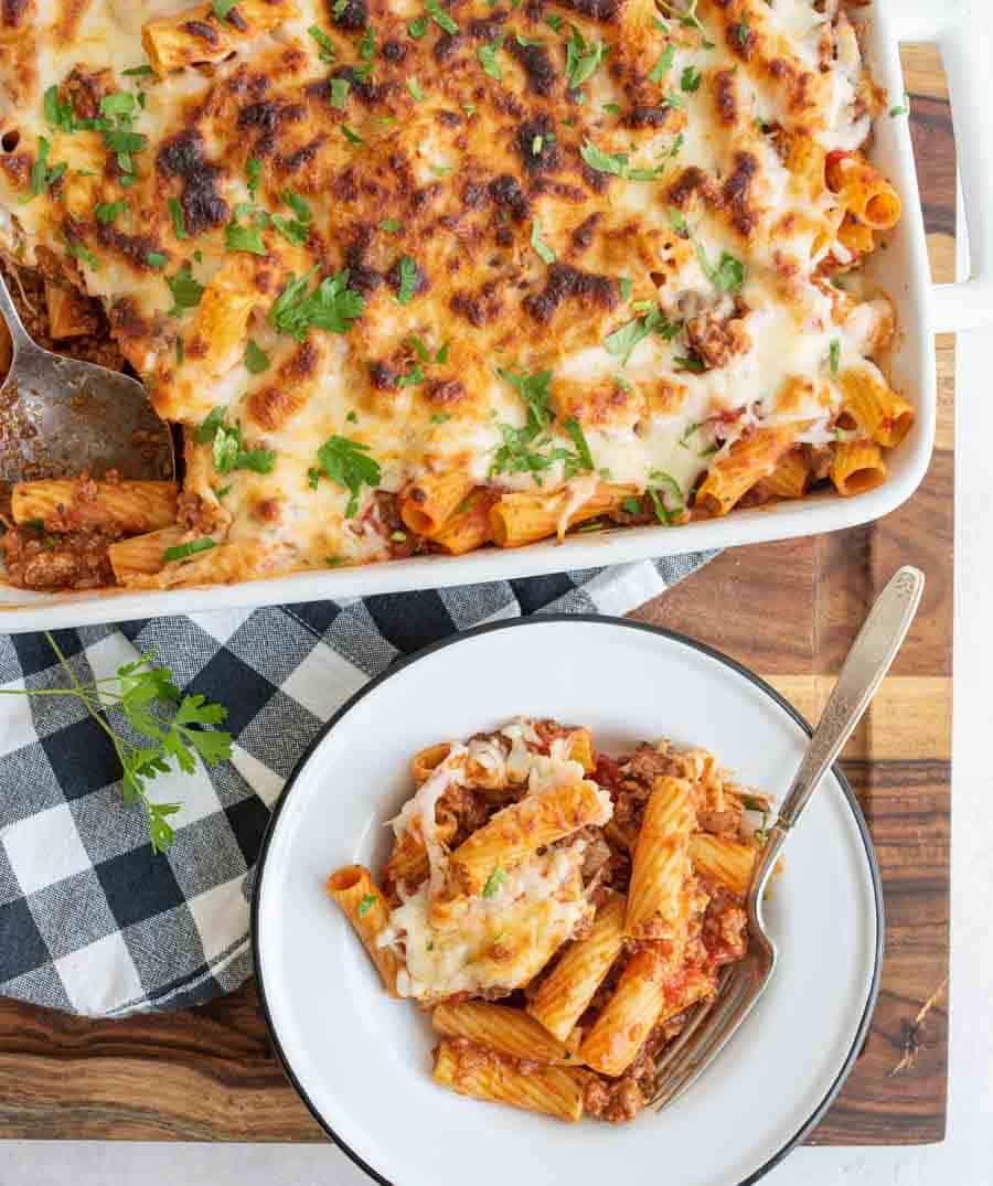 rigatoni pasta in a casserole style bake