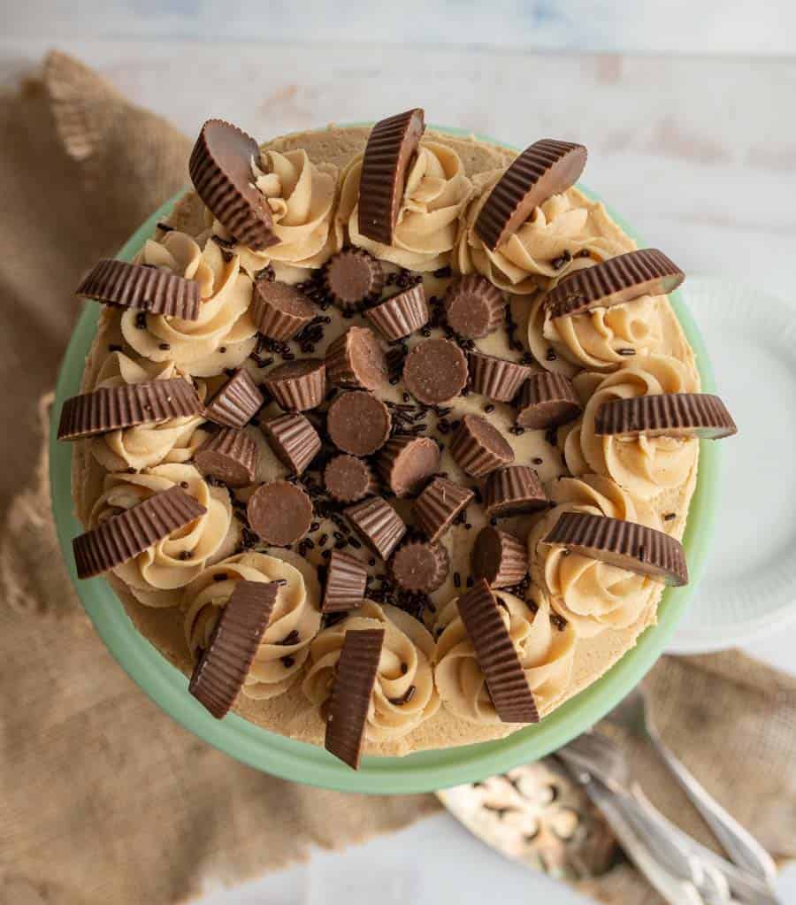 top view of a tan peanut butter frosting over a round cake with peanut butter cups on top