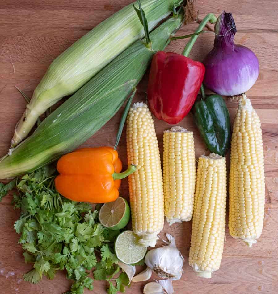 whole veggie ingredients for corn salsa