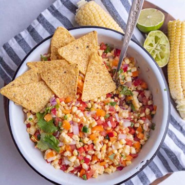 top view of corn salsa with tortilla chips