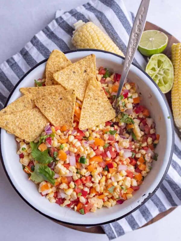 top view of corn salsa with tortilla chips