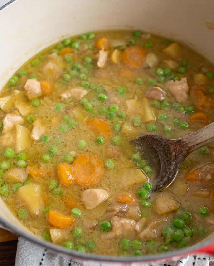 close up of green curry in a red dutch oven