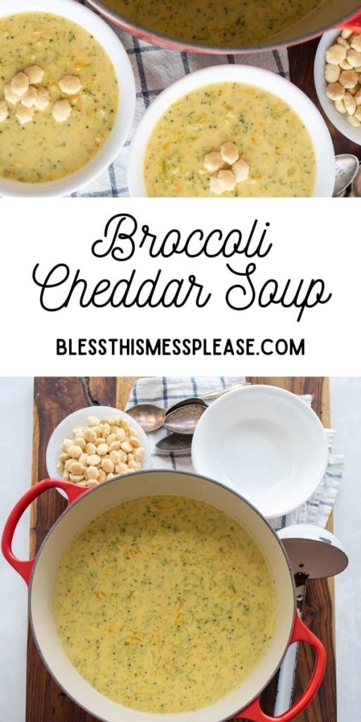 pin that reads "stovetop broccoli and Cheddar Soup" with an image of broccoli cheddar soup in two bowls and a red pot with oyster crackers on top