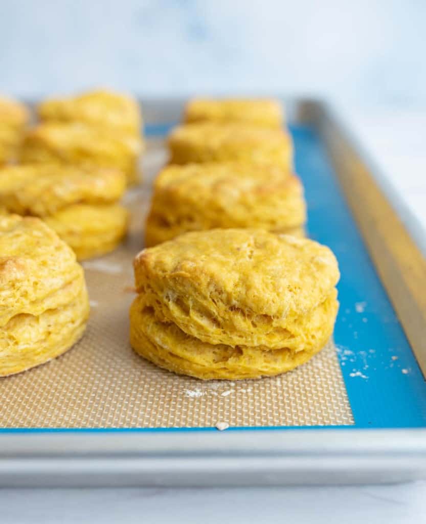 pumpkin biscuit on a metal tray with light blue baking mat under it