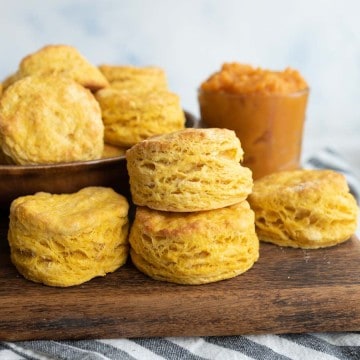 stacked pumpkin biscuits with lots of flaky layers
