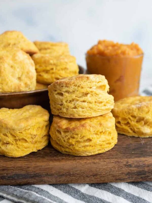 stacked pumpkin biscuits with lots of flaky layers