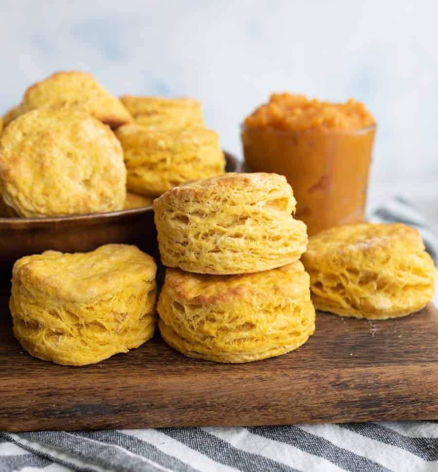 stacked pumpkin biscuits with lots of flaky layers