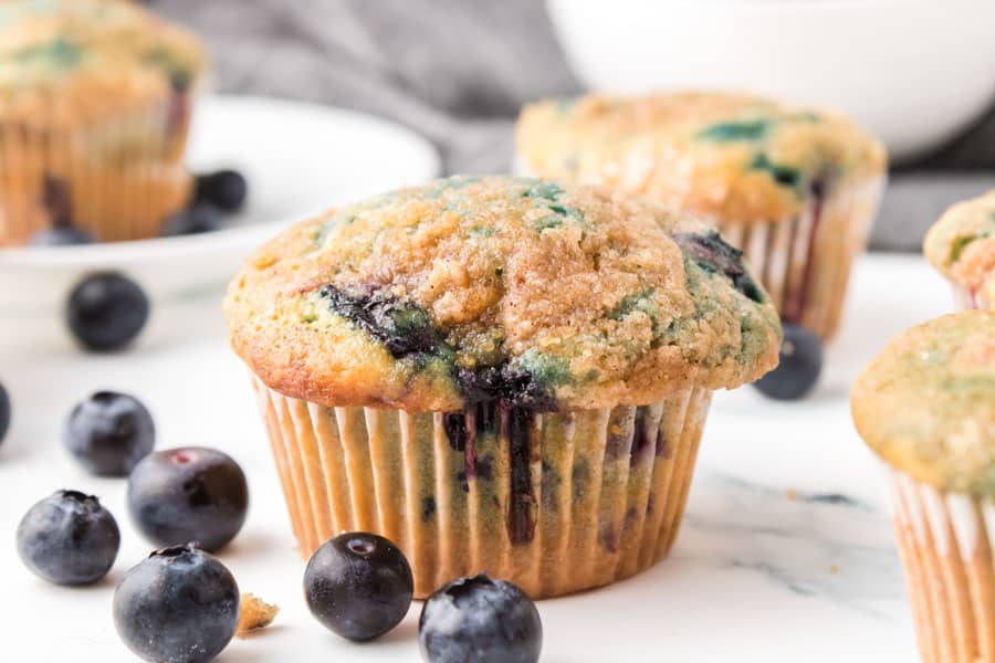 close up perfect image of a blueberry muffin with blueberries around it