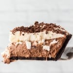 side view of a slice of french silk pie
