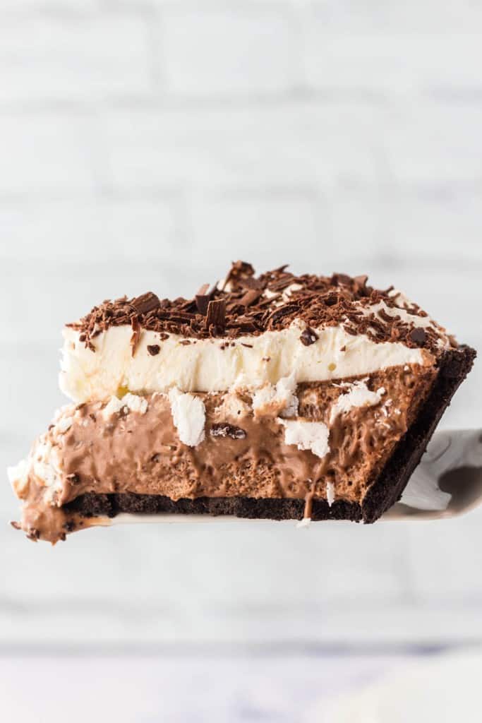 side view of a slice of french silk pie