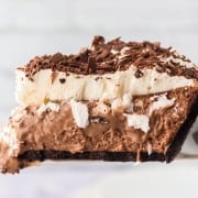 close up of a slice of french silk pie