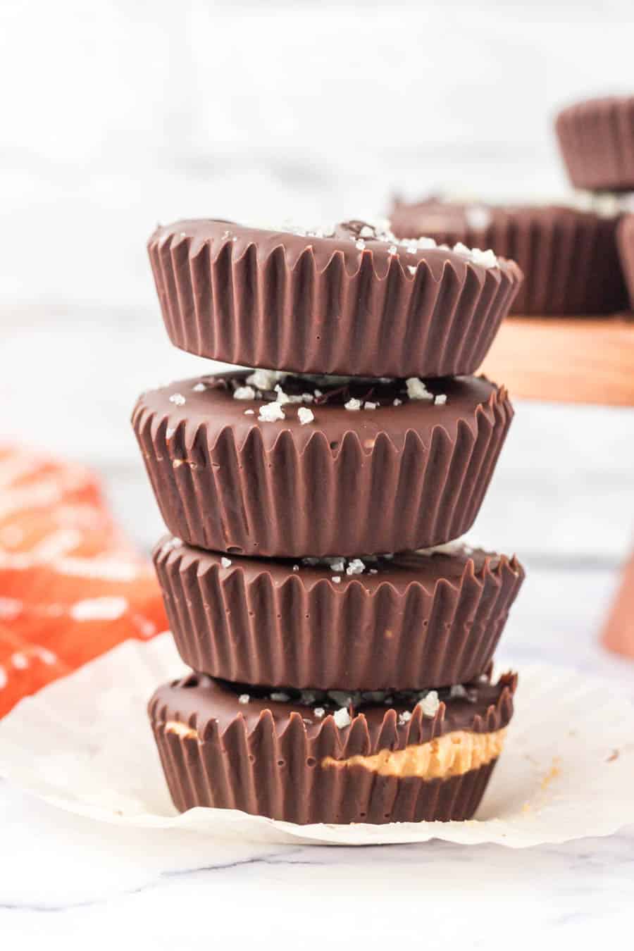 stack of homemade chocolate peanut butter cups