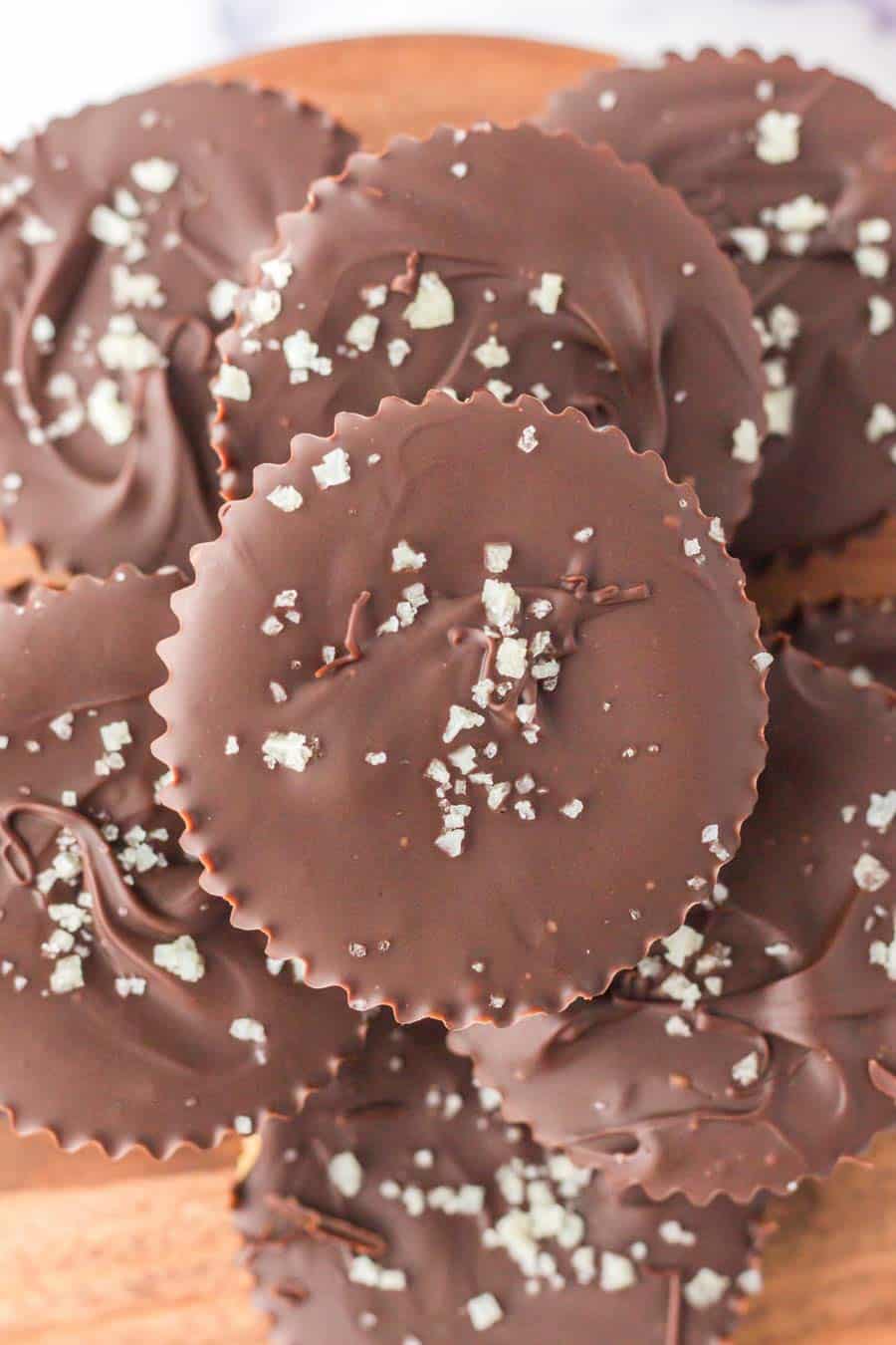 close up top view of homemade chocolate peanut butter cups