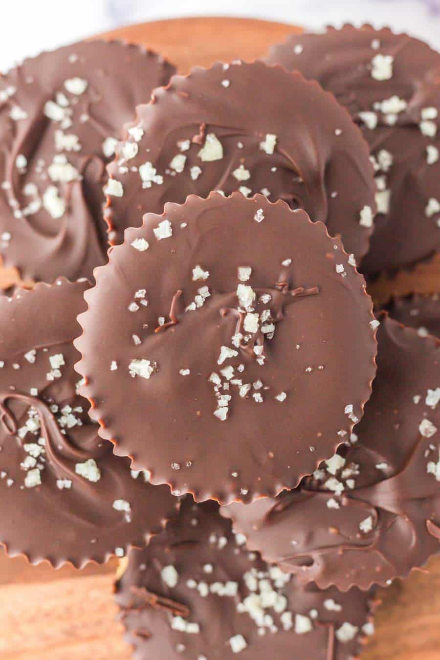 close up top view of homemade chocolate peanut butter cups