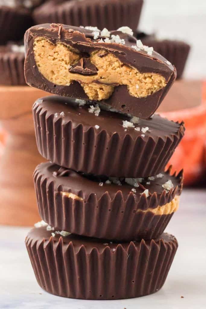 stack of homemade chocolate peanut butter cups