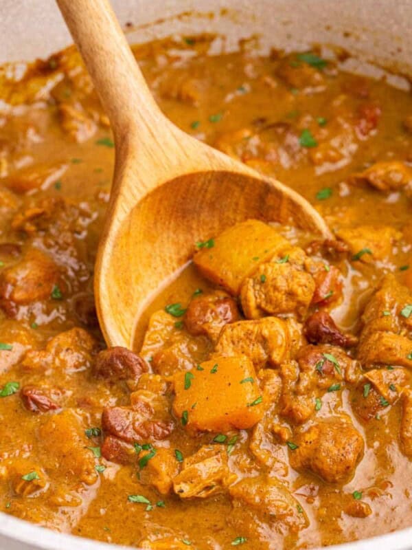 close up in the bowl of pumpkin curry being stirred with a spoon