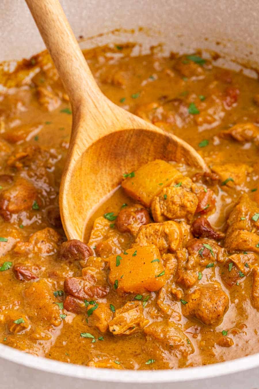 close up in the bowl of pumpkin curry being stirred with a spoon