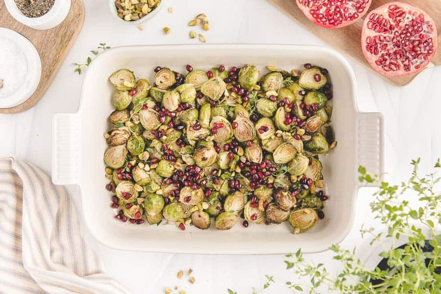 baking dish full of roasted Brussels