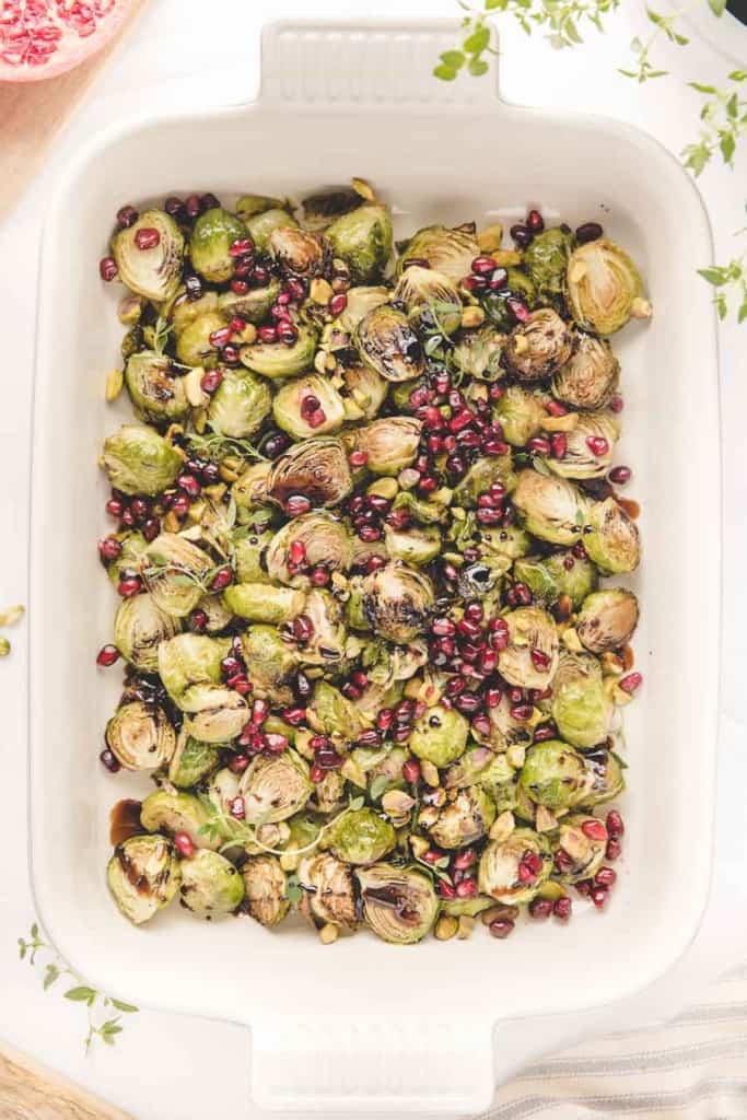 baking dish full of roasted Brussels