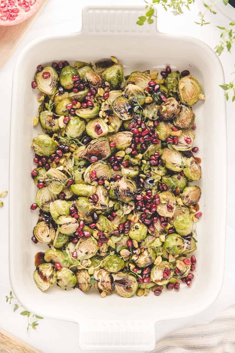 baking dish full of roasted Brussels