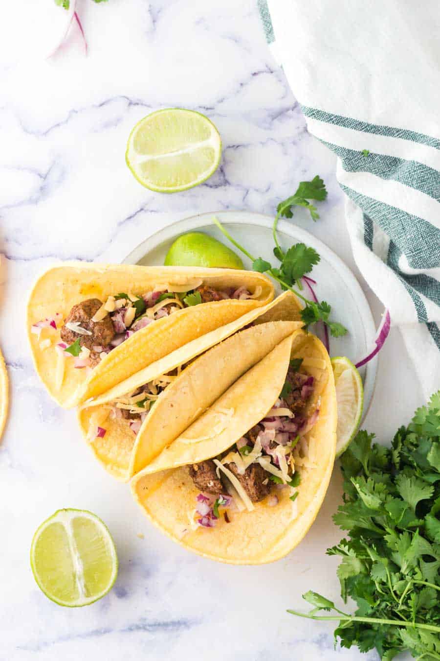 top view of a plate of steak tacos