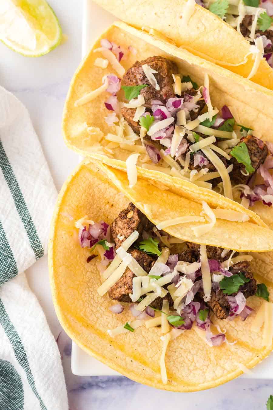 top view close up of steak tacos