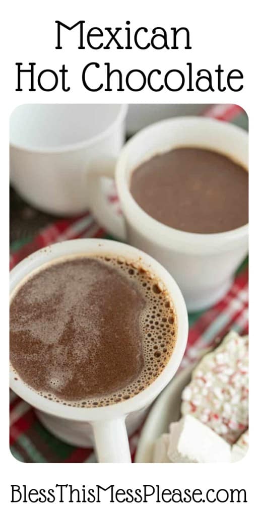 pintrest pin the text reads "the best mexican hot chocolate" with a close up of a white mug with coco in it
