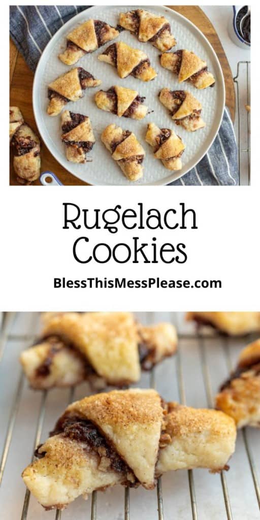pin for cookies with text "rugelach cookies"