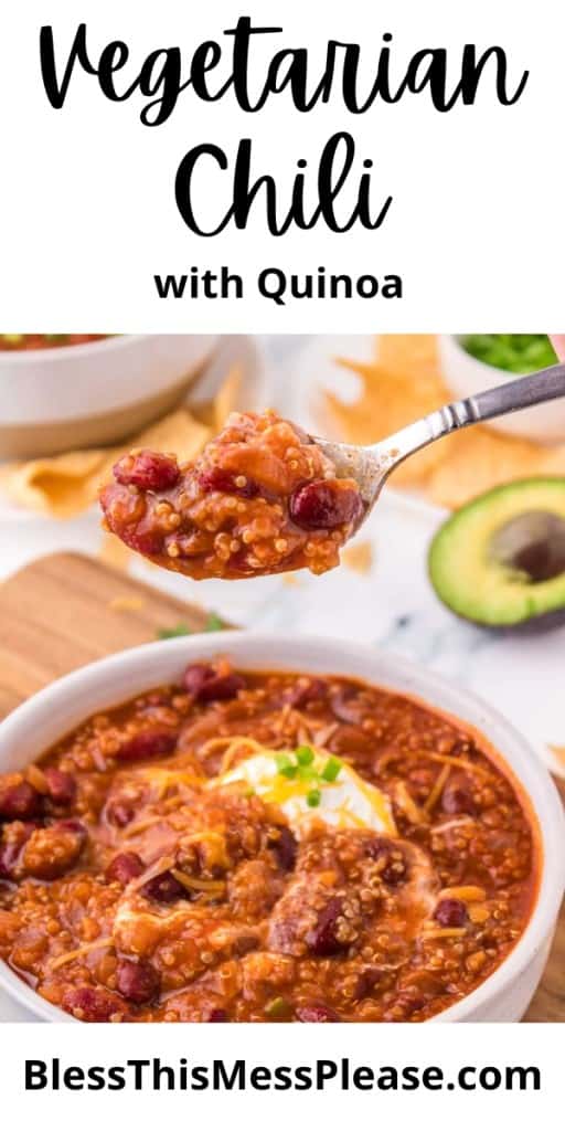 pintrest pin and the text reads "vegetarian chili with quinoa" and a photo of the chili in white bowl and a POV image of a spoonful