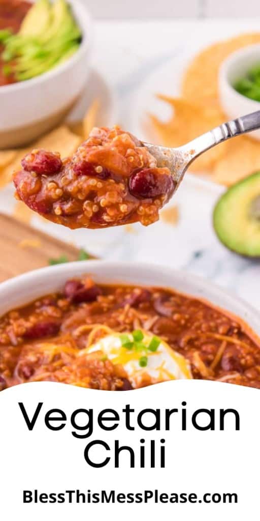 pintrest pin and the text reads "vegetarian chili with quinoa" and a photo of the chili in white bowl and a POV image of a spoonful