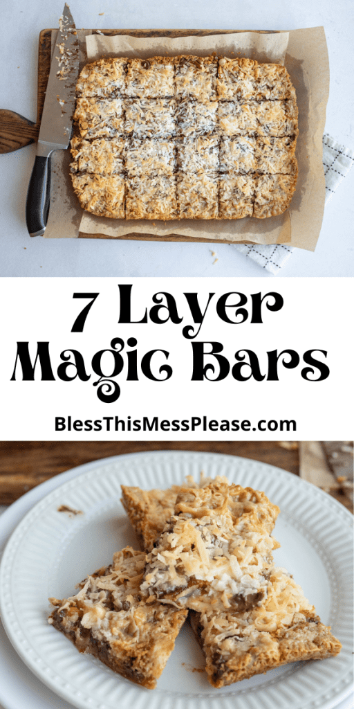 pin for 7 layer magic bars showing the whole pan cut into serving size square bars