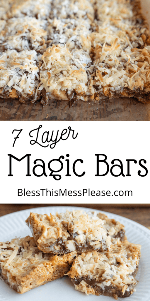 pin for 7 layer magic bars showing the whole pan cut into serving size square bars