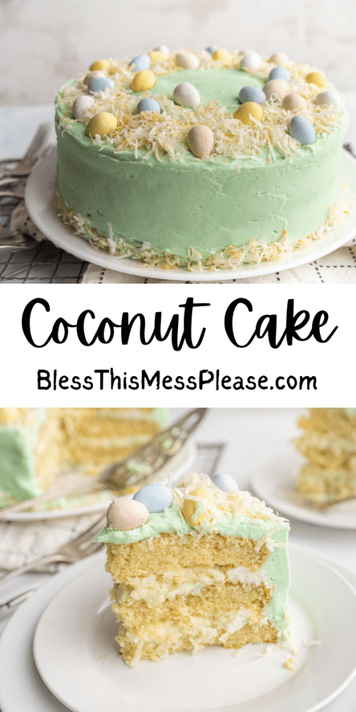 pin for coconut cake with images of a light green easter decorated cake with slices served from it