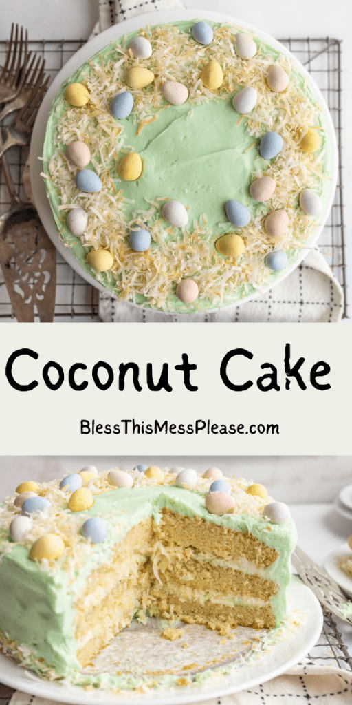 pin for coconut cake with images of a light green easter decorated cake with slices served from it