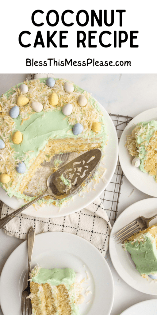 pin for coconut cake with images of a light green easter decorated cake with slices served from it